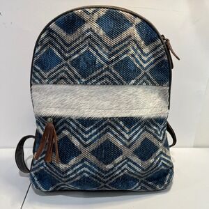 Myra Bag Blue Breeze Upcycled Canvas Cowhide Leather Backpack Purse‎ Hairon